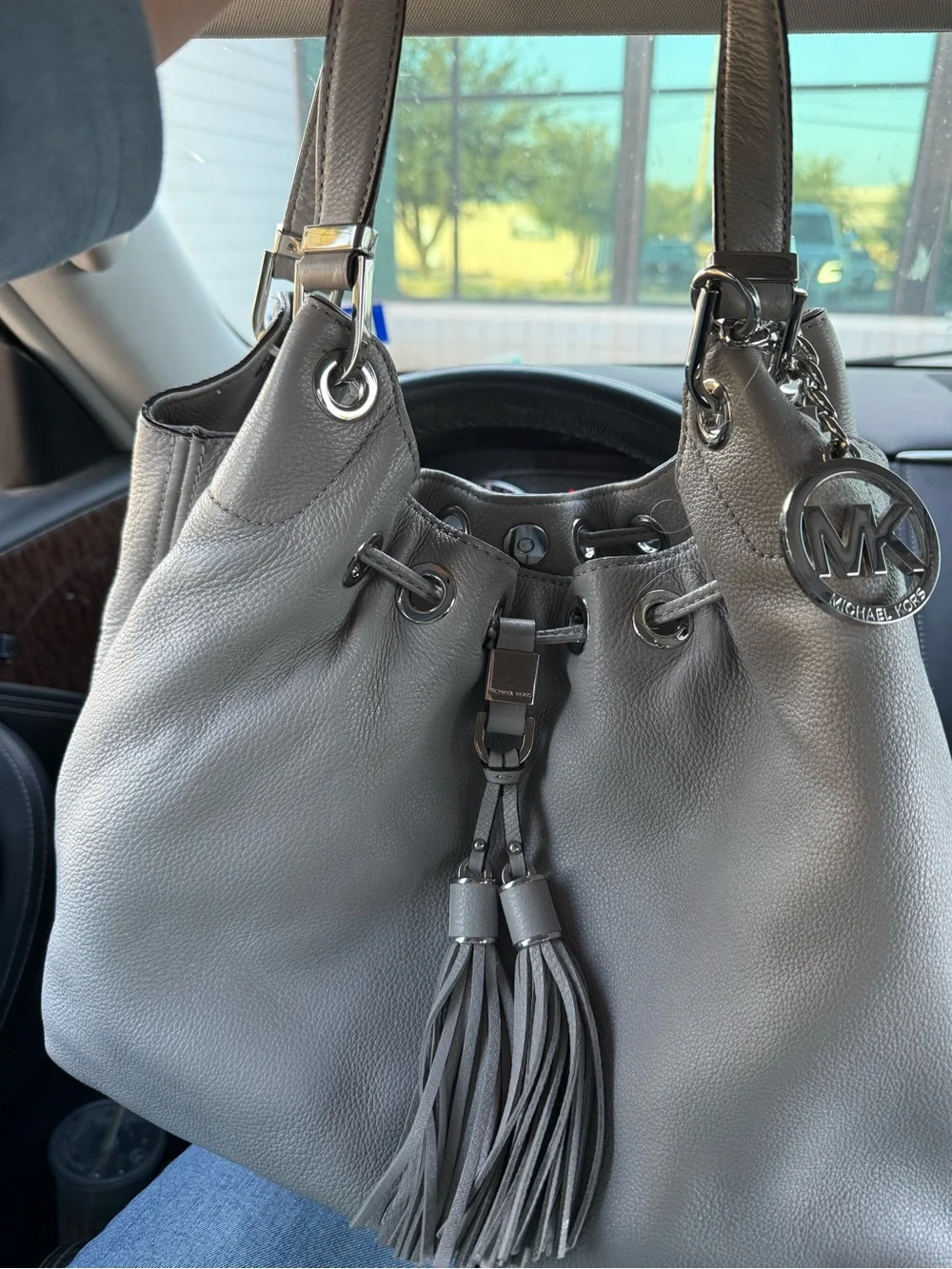 Michael Kors Gray Leather Drawstring Tote with Tassel